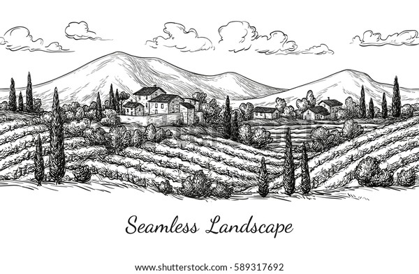 Vineyard seamless landscape. Vine\
sketch isolated on white. Hand drawn vector\
illustration.