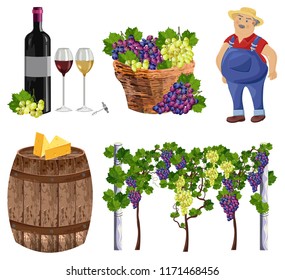 Vineyard set collection farmer, bottle, glass, barrel Vector
