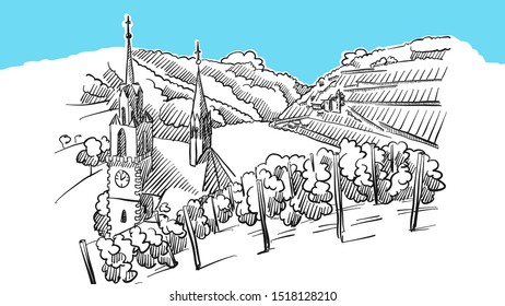 Vineyard Sketch With Church Lineart Vector Sketch. and Drawn Illustration on blue background.