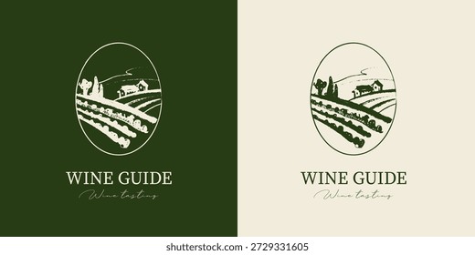 Logo de boceto de viñedo en estilo gráfico dibujado a mano de carbón. Fondo de dibujo retro. Diseño de menú, signo de la bodega, emblema del viñedo, símbolo de la barra de alcohol. Ilustración vectorial