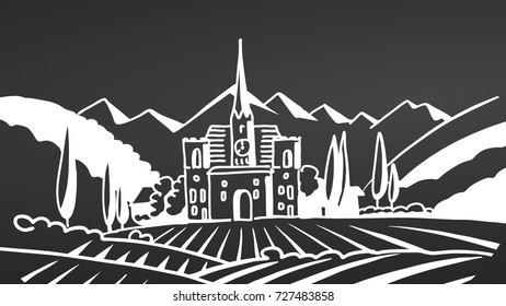 Vineyard stamp icon on chalkboard. Hand drawn healthy food sketch. Black and White Vector Drawing on Blackboard. 