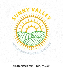  Vineyard and sunny valley hand drawn illustration. Nature and meadows. Vineyard woodcut style sketch drawing. Landscape abstract background.