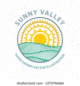  Vineyard and sunny valley hand drawn illustration. Nature and meadows. Vineyard woodcut style sketch drawing. Landscape abstract background.