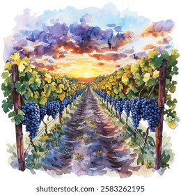 vineyard at sunset vector illustration in watercolor style