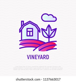 Vineyard thin line icon: house in fields. Modern vector illustration.