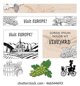 Vineyard Travel Banner Assets and Concept Layout, Hand drawn Vector Outline Artwork