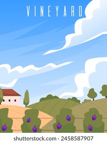 Poster mit Weinbergansicht. Vektorillustration mit einer Reihe von üppigen Weinreben, einem Bauernhaus und Zypressen, mit "WEINBERG"-Schrift am Himmel.