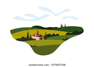 Vineyard wine grape hill farm banner concept sign. Romantic rural landscape in sunny day with villa, vineyard fields, plantation hills, farms, meadows and trees. Eps color creative illustration