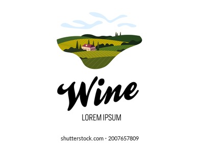 Vineyard wine grape hill farm logo concept. Romantic rural landscape in sunny day with villa, vineyard fields, plantation hills, farms, meadows and trees. Vector eps color creative sign illustration