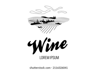 Vineyard wine grape hill farm logotype concept. Alcohol label romantic rural landscape in sunny day with villa, vineyard fields, plantation hills, farms, meadows and trees. Vector eps monochrome logo