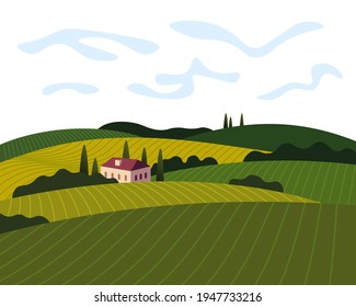 Vineyard wine grapes hills farm poster concept. Romantic rural landscape in sunny day with villa, vineyard fields, plantation hills, farms, meadows and trees. Vector color banner illustration