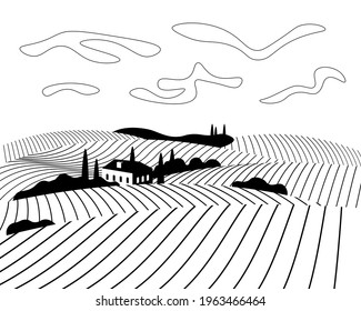 Vineyard wine grapes hills farm poster concept. Romantic rural vines plantation rows landscape in sunny day with villa, fields, meadows and trees. Vector monochrome growing grapevine illustration