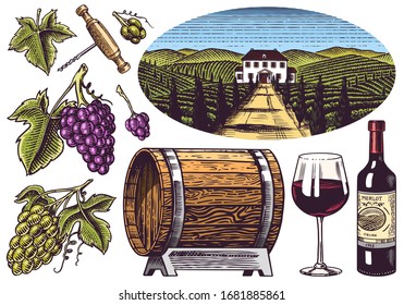 Vineyard and Wine Set. Grapes and wooden barrel. Vine plantation for bottle labels. Engraved landscape. Hand drawn vintage sketch for alcohol poster, bar and restaurant menu.