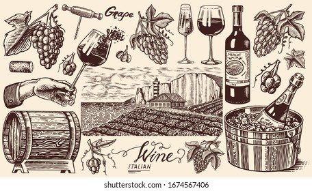 Vineyard And Wine Set. Ice Bucket, Corkscrew Cork Grapes, Wooden Barrel. Sparkling Champagne, Bottle And Glass Cheers. Vine Labels. Hand Drawn Engraved Vintage Sketch For Poster, Restaurant Menu.