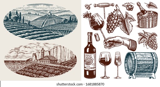 Vineyard and Wine Set. Sparkling champagne, bottle and glass Cheers, ice bucket, Corkscrew Cork Grapes, wooden barrel. Vine labels. Hand drawn Engraved vintage sketch for poster, restaurant menu.