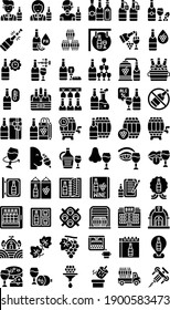 vineyard and winery icons set related wine press graps, food, bouquet, drinks, restaurant, berry, drinks, bottles, note pad, barrel, badge, calendar, filter, store, and leafs vectors in solid design