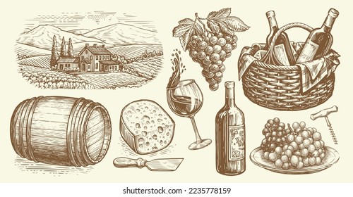 Viñetería, barril de madera, vidrio y botella de vino, racimo de uvas, corcho, trozo de parra de queso. Conjunto de vinos