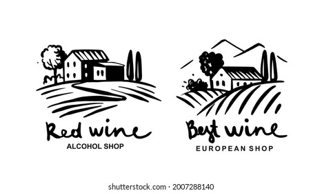 vineyards with house emblem for liquor store