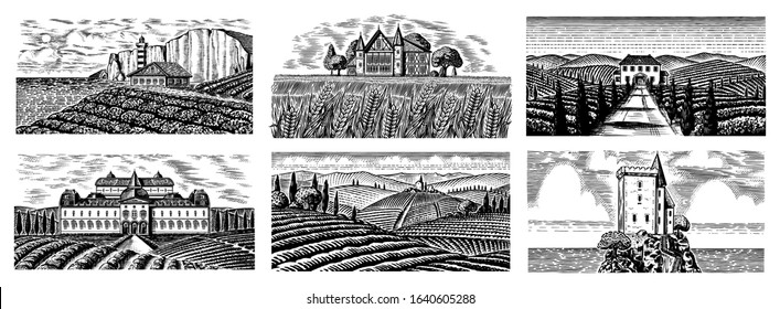 Vineyards Set. Vine plantation for bottle labels. Scenic view of French or Italian engraved landscape. Mountains Rural Fields Wheat Hills. Hand drawn vintage sketch for alcohol, whiskey beer poster.