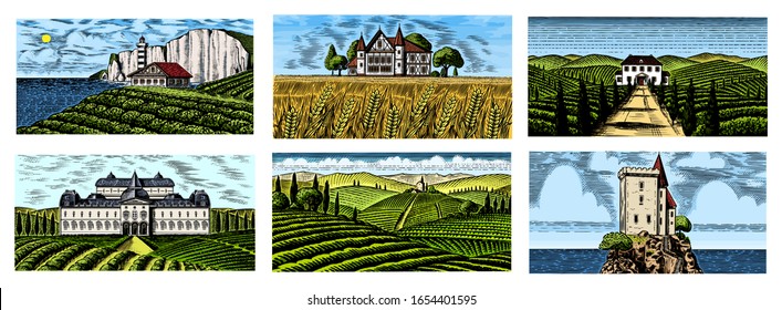 Vineyards Set. Vine plantation for bottle labels. Scenic view of French or Italian engraved landscape. Mountains Rural Fields Wheat Hills. Hand drawn vintage sketch for alcohol, whiskey beer poster.
