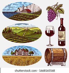 Vineyards and Wine Set. Grapes and wooden barrel. Vine plantation for bottle labels. Rural Fields Wheat Hills. Engraved landscape. Hand drawn vintage sketch for alcohol poster, bar and restaurant menu