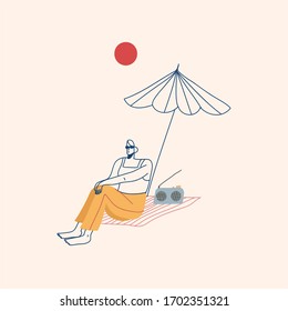 Vinimalist vector illustration. Depiction of a girl in yellow pants relaxing on the beach, under a parasol. Red sun, radio. Vacation. Summer.