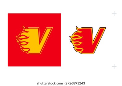 V-Initial Logo with Flames Representing Fiery Competition. Isolated on white background.