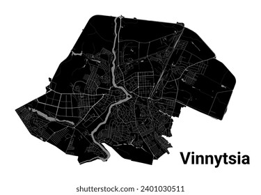 Mapa de la ciudad de Vinnytsia, Ucrania. Fronteras administrativas municipales, mapa de zonas negras y blancas con ríos y carreteras, parques y ferrocarriles. Ilustración vectorial.