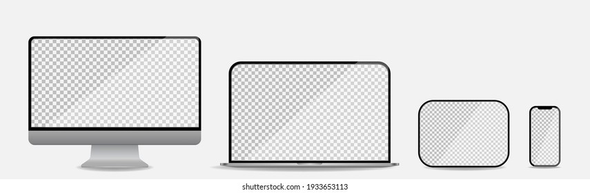 Vinnytsia, Ukraine - March 10, 2021: Realistic Set Of Computer, Laptop, Tablet And Smartphone. Media Device Mockup With Transparent Screen. Vector Illustration
