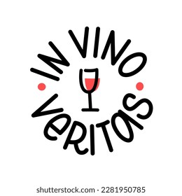 IN VINO VERITAS latin phrase. Truth in Wine text lettering. logo stamp Vector illustration quote that means In wine, there is truth. Wine Design print for t shirt, pin label, badges, sticker. Doodle