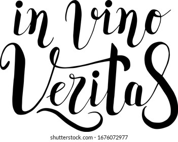 In vino veritas, wine concept. Lettering calligraphy illustration. Vector eps handwritten brush trendy black text isolated on white background. Label, badge, poster.