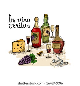 In vino veritas, wine still life isolated vector illustration