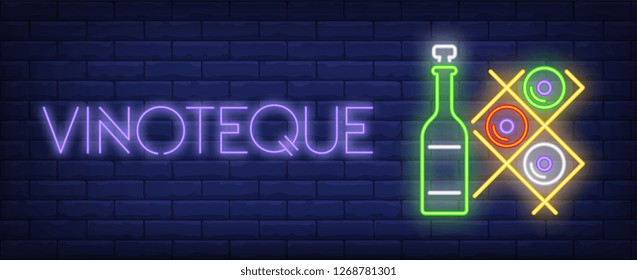 Vinoteque neon text with wine bottles on racks. Winery and wine collection design. Night bright neon sign, colorful billboard, light banner. Vector illustration in neon style.