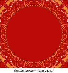 Vinous background with a field for recording, frame - elements of the mandala, yellow-orange patterns, dark blue dots, floral outlines.