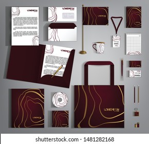 Vinous corporate identity template design with gold abstract design elements.  Business set stationery.