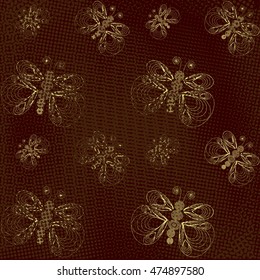 Vinous retro butterfly pattern with yellow halftones