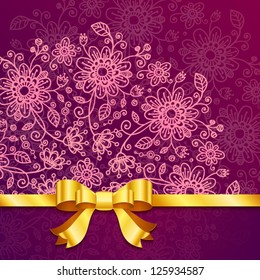 Vinous vintage flowers vector background with golden ribbon and bow