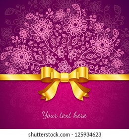 Vinous vintage flowers vector background with golden ribbon and bow