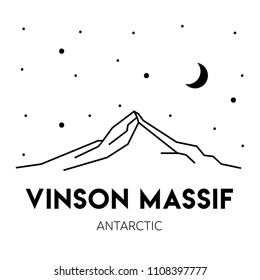 Vinson Massif in Antarctica. Vector black and white illustration. Print design. Nature