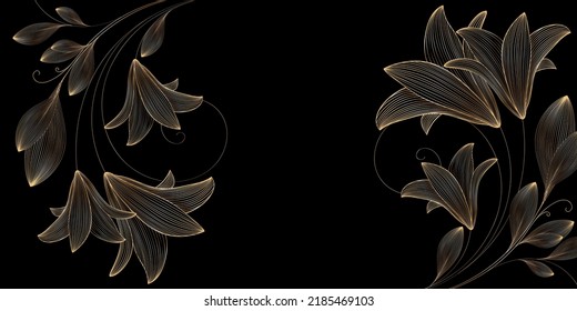 Vintafe luxury golden floral background with tropic leaves and flower lily. Art drawing print for wall decor, wallpaper. Natural botanical vector pattern with textured leaves of exotic plants. 