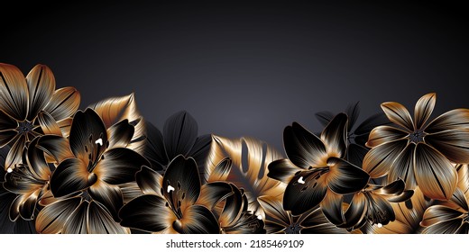 Vintafe luxury golden floral background with tropic leaves and flower lily. Art drawing print for wall decor, wallpaper. Natural botanical vector pattern with textured leaves of exotic plants. 