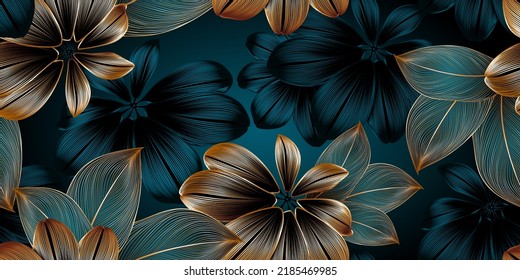 Vintafe de lujo dorado de fondo floral con hojas tropicales. Dibujo artístico en la decoración de las paredes, papel pintado. Patrón botánico natural vectorial con hojas texturadas de plantas exóticas. Ilustración vectorial.