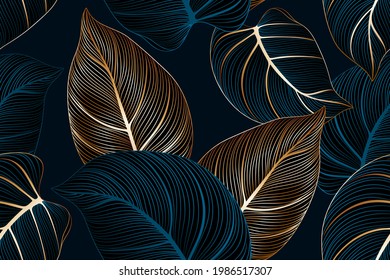 Vintafe luxury golden seamless floral background with tropic leaves. Art drawing print for wall decor, wallpaper. Natural botanical vector pattern with textured leaves of exotic plants.