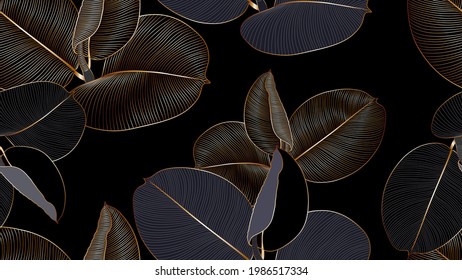 Vintafe luxury golden seamless floral background with tropic leaves. Art drawing print for wall decor, wallpaper. Natural botanical vector pattern with textured leaves of exotic plant ficus .
