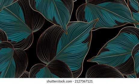 Vintafe luxury golden seamless floral background with tropic leaves. Art drawing print for wall decor, wallpaper. Natural botanical vector pattern with textured leaves of exotic plants.