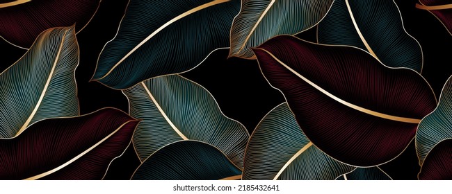 Vintafe luxury golden seamless floral background with tropic leaves. Art drawing print for wall decor, wallpaper. Natural botanical vector pattern with textured leaves of exotic plants.