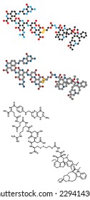 Vintafolide cancer drug molecule. Conventional skeletal formula and stylized representations. 