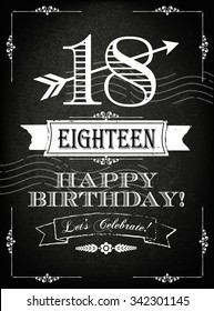 Vintage 18 years happy birthday card  with grunge background and chalk designs, vector illustration