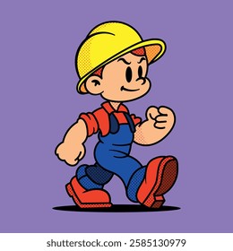 Vintage 1940s style cartoon construction worker mascot, factory engineer in a jumpsuit and hardhat