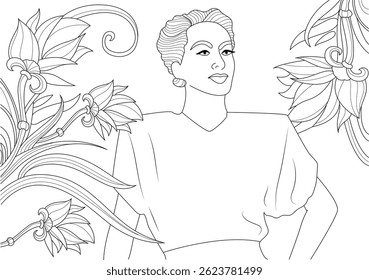 Vintage 1950s Fashion Illustration with Flowers, Black and white line art illustration of a stylish woman in 1950s fashion, featuring a vintage hairstyle and dress, surrounded by decorative floral